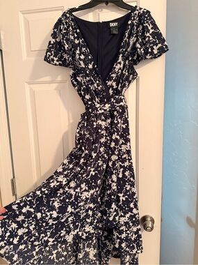 DKNY Navy & White Floral Midi Wrap Dress